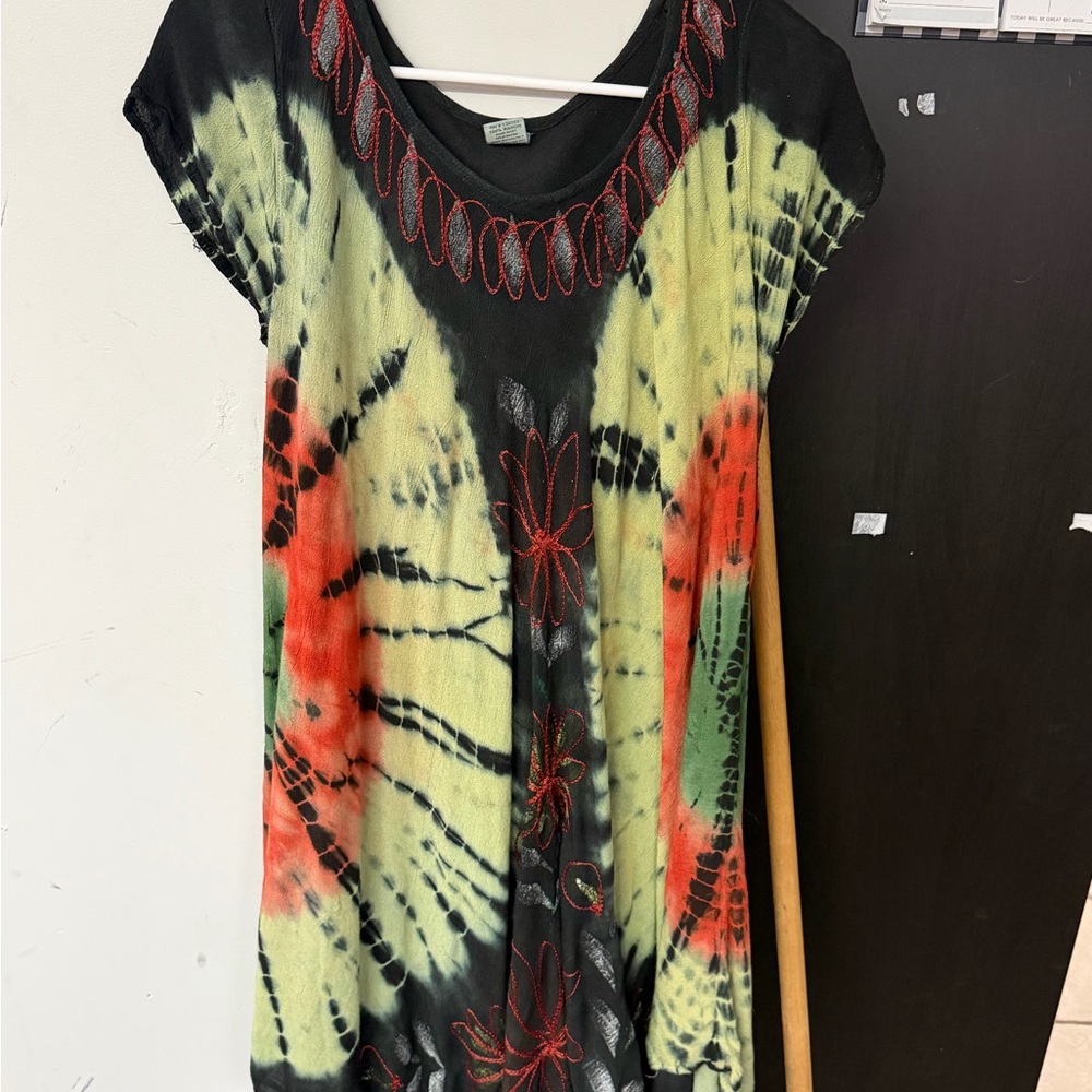Tie-Dye Embroidered Short Sleeve Dress - Black, Yellow, Orange, Green